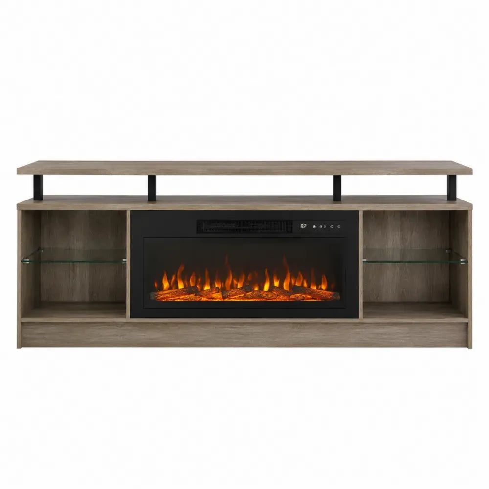 Mueble TV rectangular con chimenea eléctrica integrada MDF efecto roble grisáceo acero negro y estantes de vidrio templado 60 cm alto 160 cm ancho 40 cm fondo