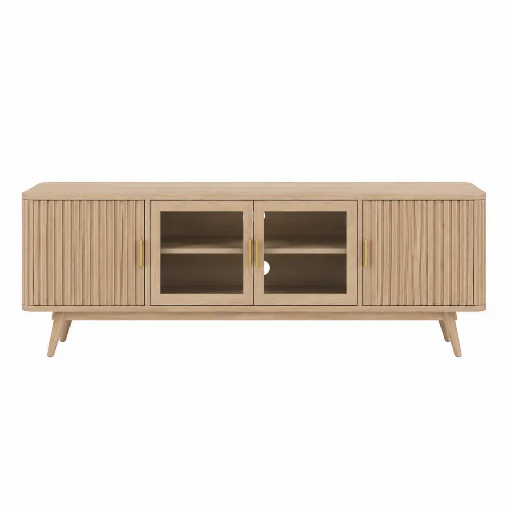 Mueble TV rectangular de MDF efecto roble claro con puertas acanaladas vidrio templado ahumado y tiradores dorados 55 cm alto 170 cm ancho 40 cm fondo