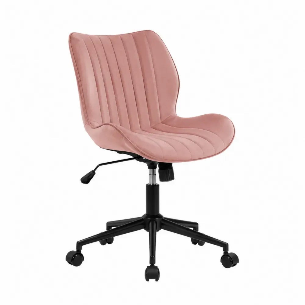 Silla de oficina giratoria sin reposabrazos de tela de terciopelo rosa con base de acero negro 55x55x78-90 cm
