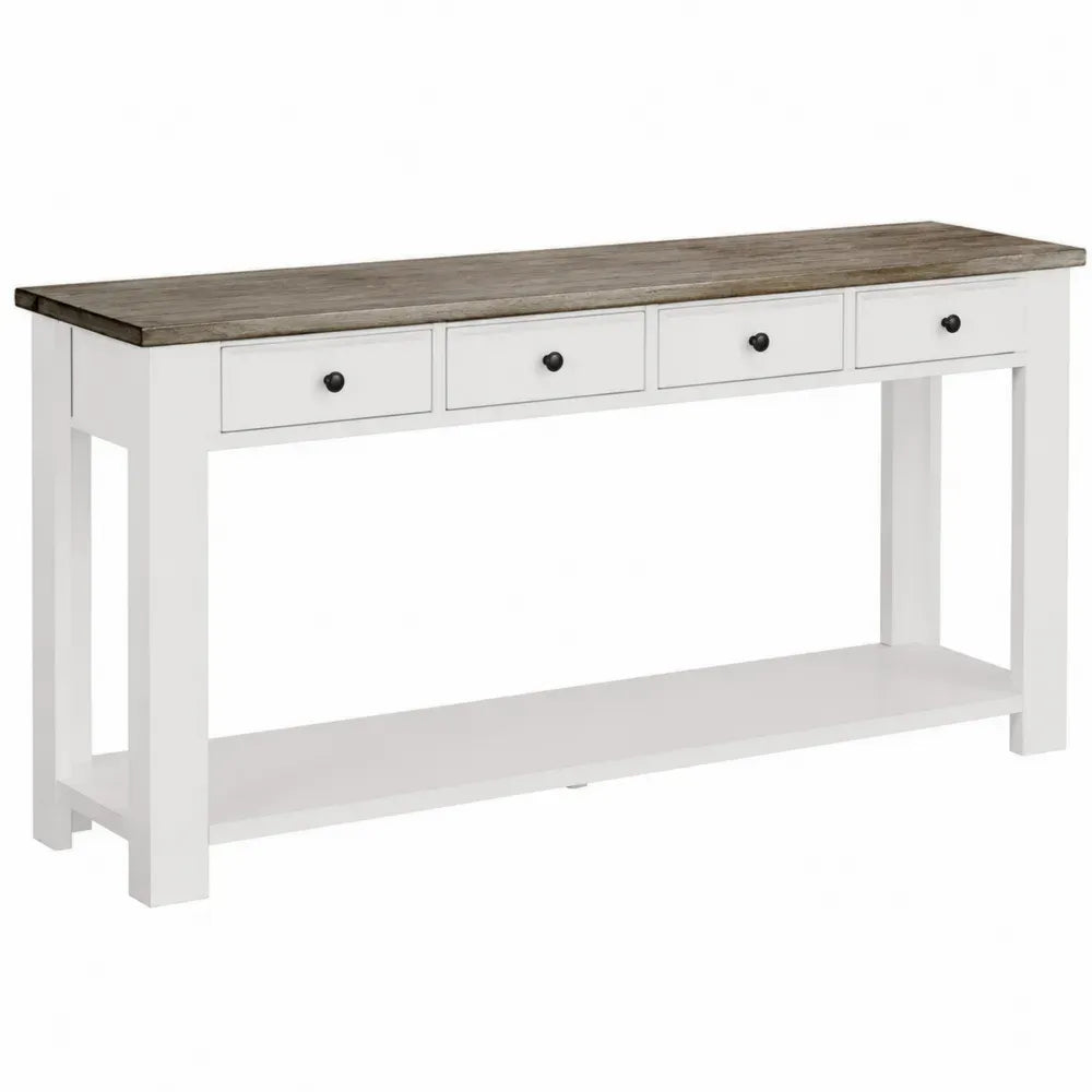 Mesa consola rectangular de MDF con cuatro cajones estante inferior blanco madera grisácea y tiradores negros 80 cm alto 120 cm ancho 35 cm fondo
