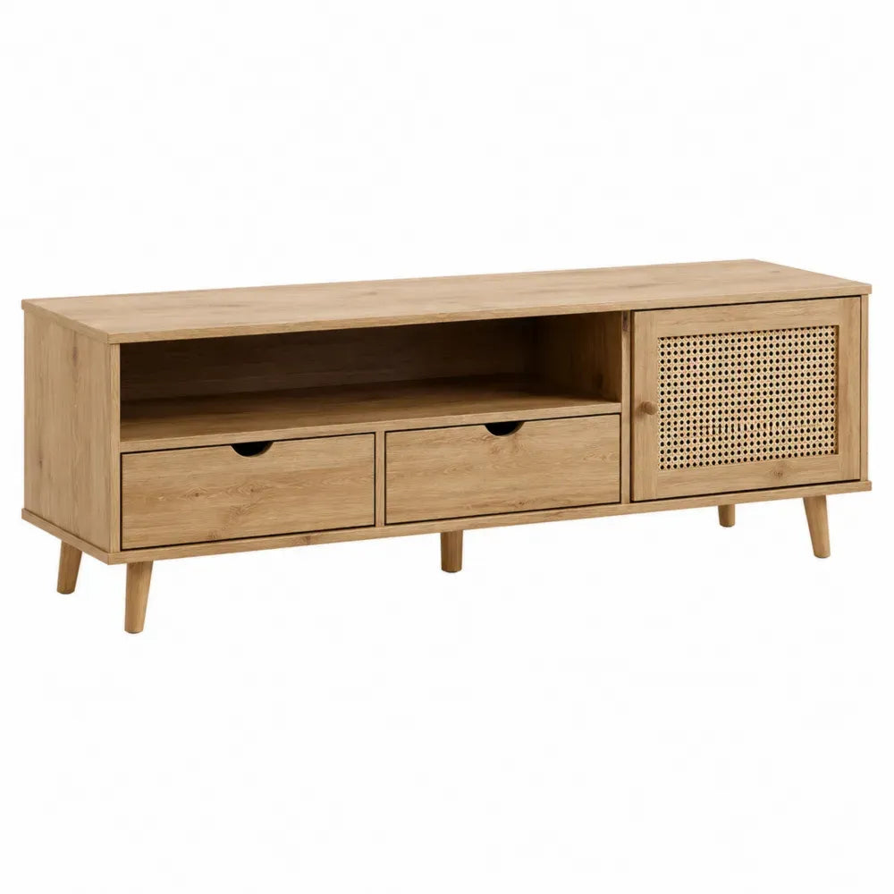 mueble para TV de madera MDF estilo roble claro con puertas de ratán natural y cajones 160 cm x 40 cm x 55 cm