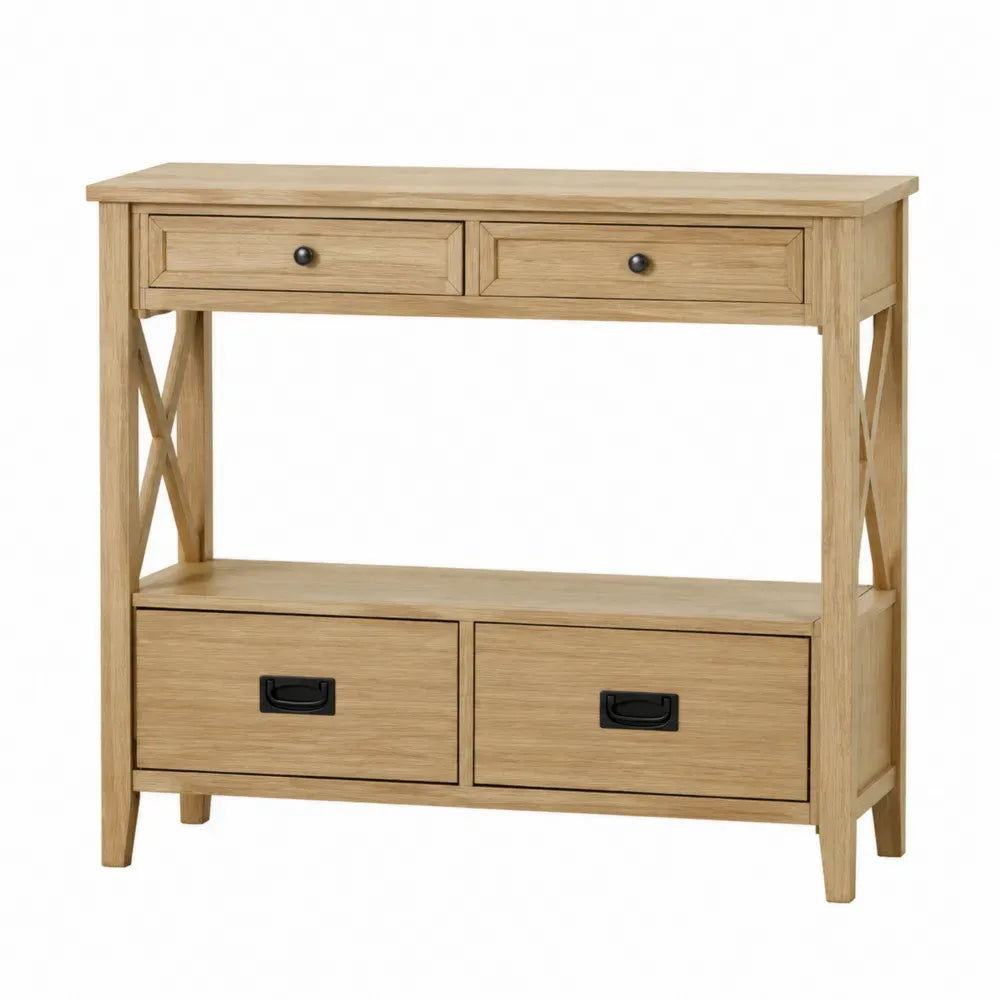 Consola de almacenamiento de madera natural con 4 cajones y estante inferior diseño moderno con refuerzos laterales en cruz