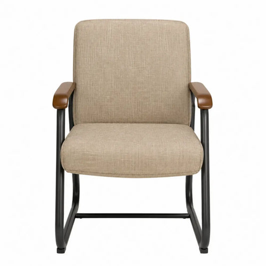Silla de oficina fija tipo trineo con asiento de tela beige estructura de acero negro y reposabrazos marrones 60x62x88 cm