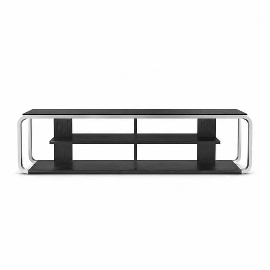 mueble de TV para salón de 180 cm de largo 40 cm de fondo 50 cm de alto estructura de aleación de aluminio y MDF color negro y plata con estantes abiertos
