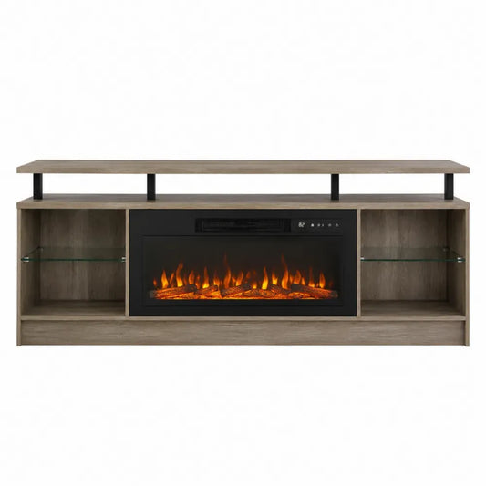 Mueble TV rectangular con chimenea eléctrica integrada MDF efecto roble grisáceo acero negro y estantes de vidrio templado 60 cm alto 160 cm ancho 40 cm fondo
