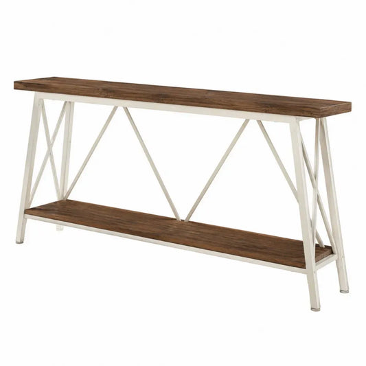 Mesa consola rectangular de MDF efecto nogal con estructura de acero blanco y estante inferior 80 cm alto 120 cm ancho 35 cm fondo