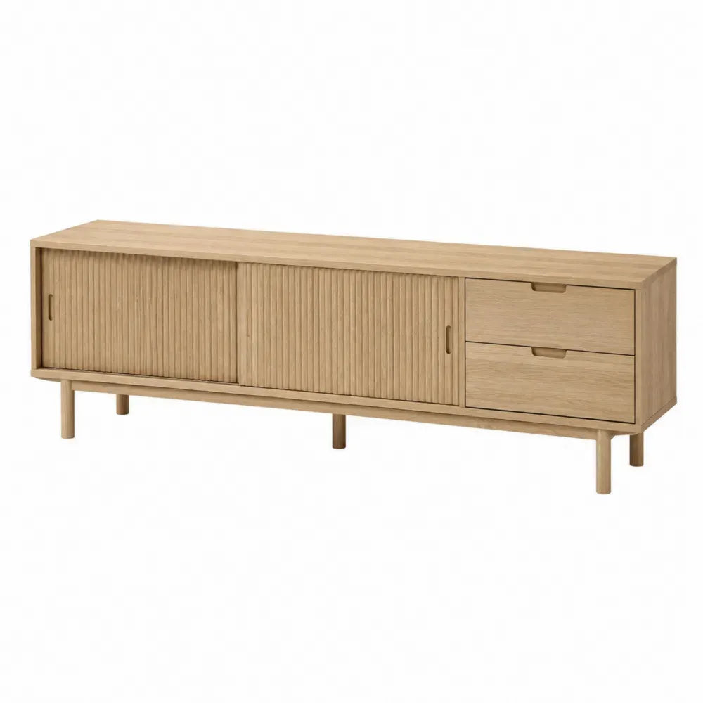 mueble para TV de 180 cm de largo 40 cm de ancho 55 cm de alto con puertas correderas y cajones estructura de MDF acabado madera roble claro y patas de madera