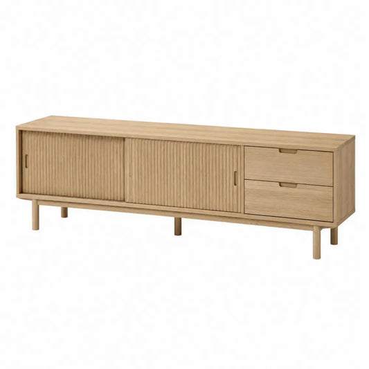 mueble para TV de 180 cm de largo 40 cm de ancho 55 cm de alto con puertas correderas y cajones estructura de MDF acabado madera roble claro y patas de madera