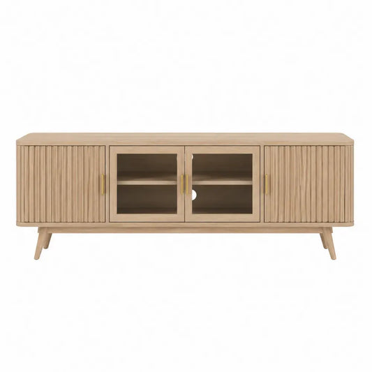 Mueble TV rectangular de MDF efecto roble claro con puertas acanaladas vidrio templado ahumado y tiradores dorados 55 cm alto 170 cm ancho 40 cm fondo