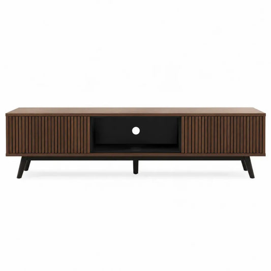 mueble para TV madera nogal MDF con puertas de listones estructura de acero negro 180 cm ancho 40 cm fondo 50 cm alto