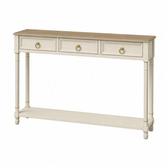 Mesa consola rectangular de MDF y madera maciza de haya con tres cajones estante inferior blanco crema y roble natural 80 cm alto 120 cm ancho 35 cm fondo
