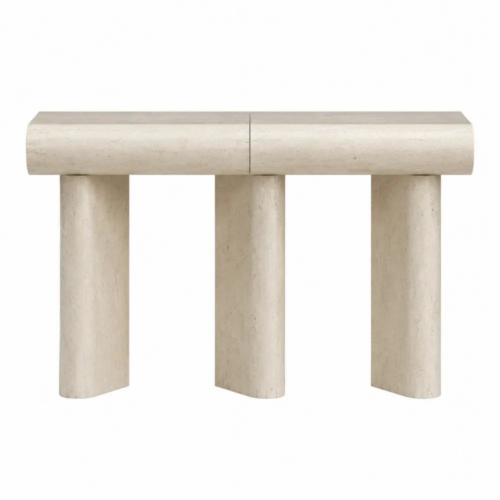 Mesa consola 150 cm piedra efecto travertino beige con tres apoyos cilíndricos diseño escultórico