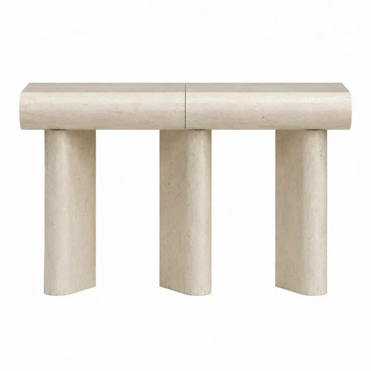 Mesa consola 150 cm piedra efecto travertino beige con tres apoyos cilíndricos diseño escultórico