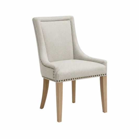 Silla de comedor 88 cm madera maciza de haya asiento tapizado beige respaldo alto con tachuelas madera natural diseño clásico moderno