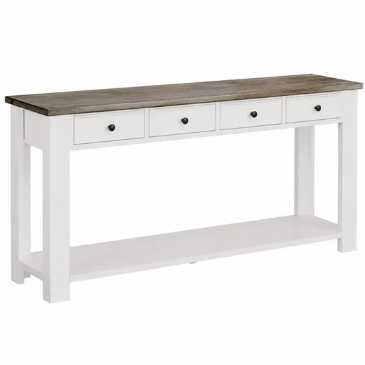 Mesa consola rectangular de MDF con cuatro cajones estante inferior blanco madera grisácea y tiradores negros 80 cm alto 120 cm ancho 35 cm fondo