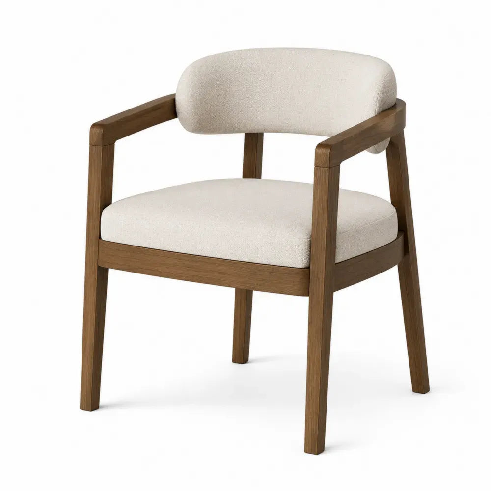 Silla de comedor con reposabrazos tapizada en poliéster beige y estructura de haya nogal 58 x 57 x 80 cm