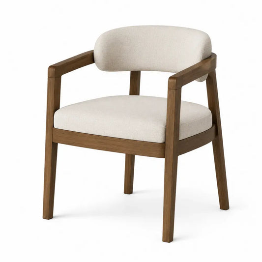 Silla de comedor con reposabrazos tapizada en poliéster beige y estructura de haya nogal 58 x 57 x 80 cm
