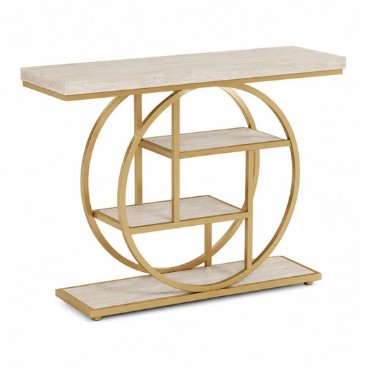Mesa consola rectangular de MDF efecto madera clara con estructura de acero dorado aros circulares y estantes abiertos 80 cm alto 120 cm ancho 35 cm fondo