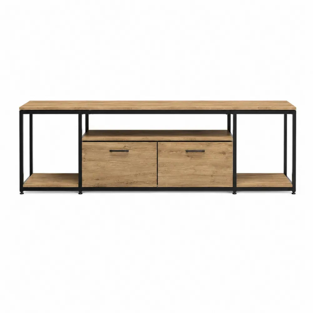 Mueble para TV rectangular de MDF efecto roble natural y acero negro de 180 x 40 x 60 cm con estantes abiertos y compartimentos centrales
