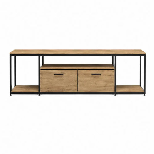 Mueble para TV rectangular de MDF efecto roble natural y acero negro de 180 x 40 x 60 cm con estantes abiertos y compartimentos centrales