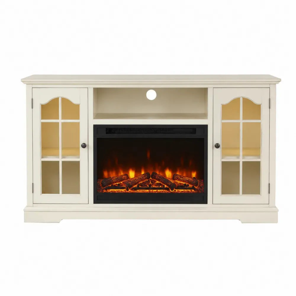 mueble para TV con chimenea eléctrica MDF melamina blanco crema con puertas de vidrio templado negro 180 cm ancho 40 cm fondo 75 cm alto