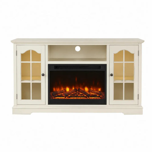 mueble para TV con chimenea eléctrica MDF melamina blanco crema con puertas de vidrio templado negro 180 cm ancho 40 cm fondo 75 cm alto