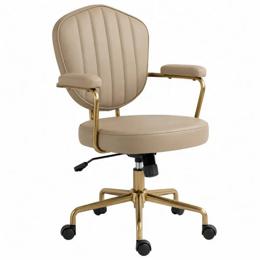 Silla de oficina giratoria con tapizado en cuero sintético beige estructura metálica dorada con ruedas y reposabrazos acolchados 60 x 60 x 95 cm