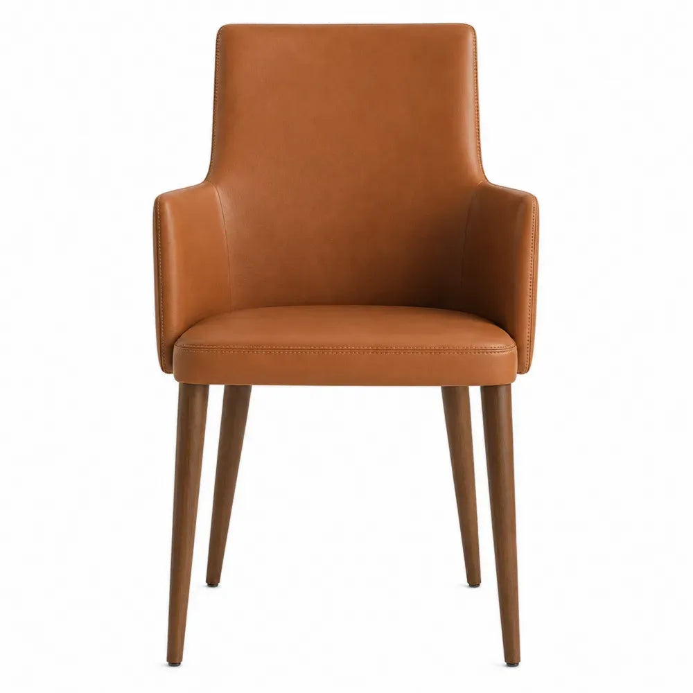 Silla de comedor 85 cm piel sintética marrón madera maciza patas cónicas con reposabrazos diseño moderno